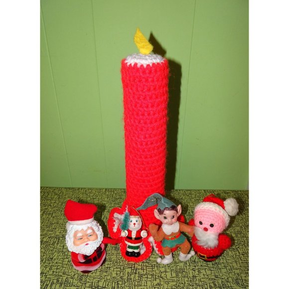 Vintage Crochet Christmas Candle & Santa fuzzy flocked Santa Lot mcm 1970s - Picture 6 of 12